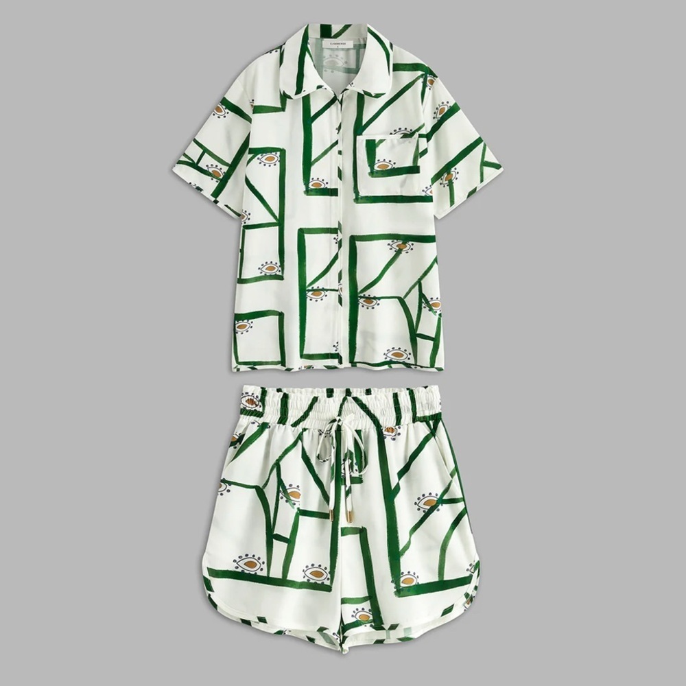 Commense White and Green Short Set with Floral Trim - Picture 11 of 12